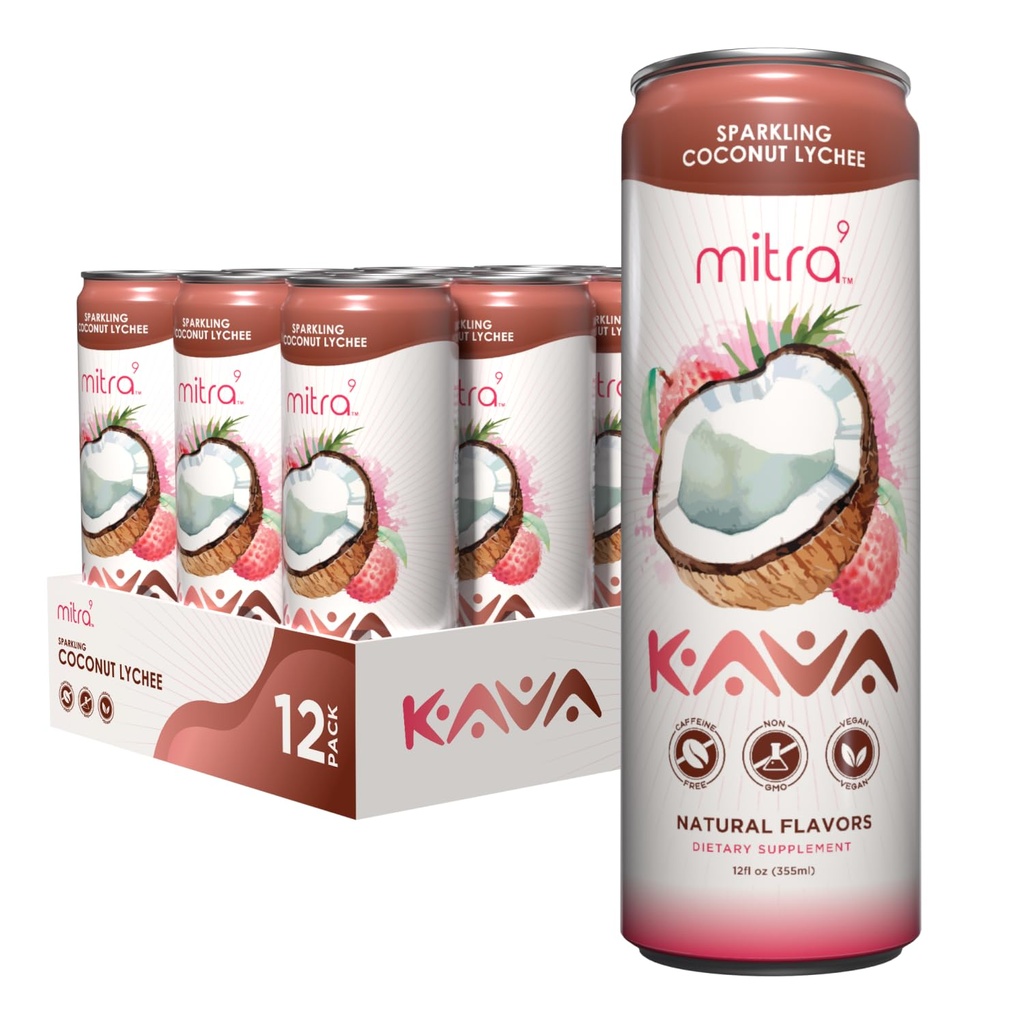 MITRA-9 Botanische dranken - Kokos Lychee Sparkling Kava Drink met Kava wortelextract - Mood Enhancer - Planten gebaseerd - bevordert natuurlijke rust en helderheid (12 Fl. Oz) (12)