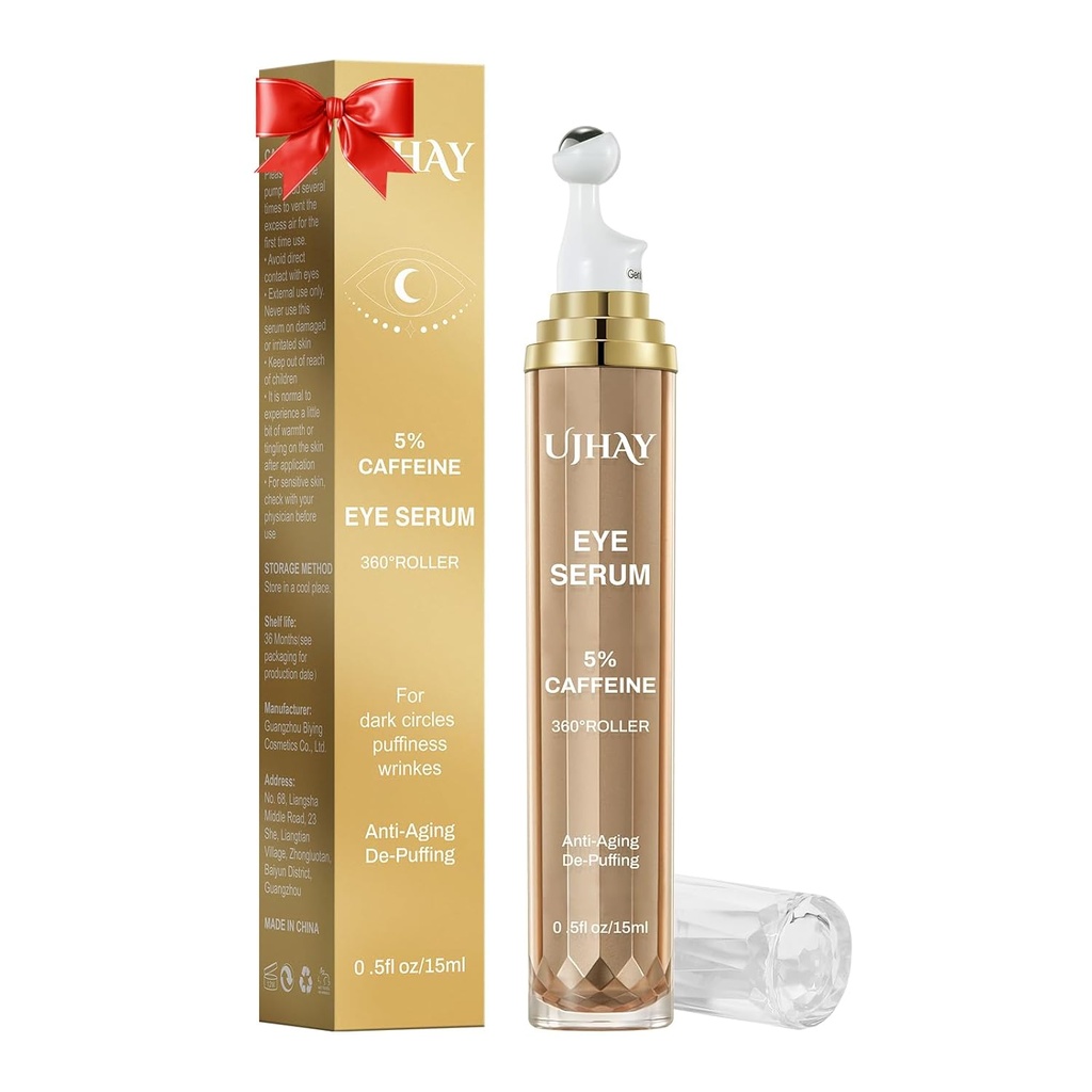 5% crème pour les yeux de caféine, sous les yeux serum pour les cercles sombres, puffines et rides fines lignes, serum à rouleaux oculaires avec boule de massage à 360°, baume de traitement pour les hommes et les femmes