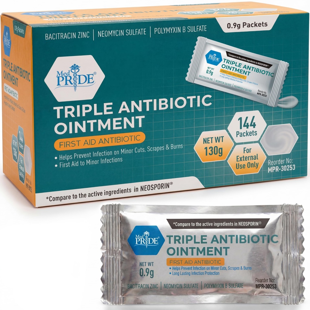 MED PRIDE Triple Antibiotische Zalf Paketten Bulk 144 X 0,9g, Individuele Antibiotische Zalf Paketten voor Burns, Snijwonden, Wond Care