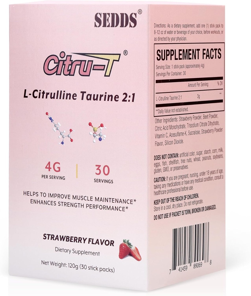 L-Citrulline Taurine 2:1, aardbeien-gearomatiseerde L Citrulline Poeder Citrulline Supplementen, Vegan Taurine Poeder, Cafeïnevrij, Glutenvrij, 30 Pack