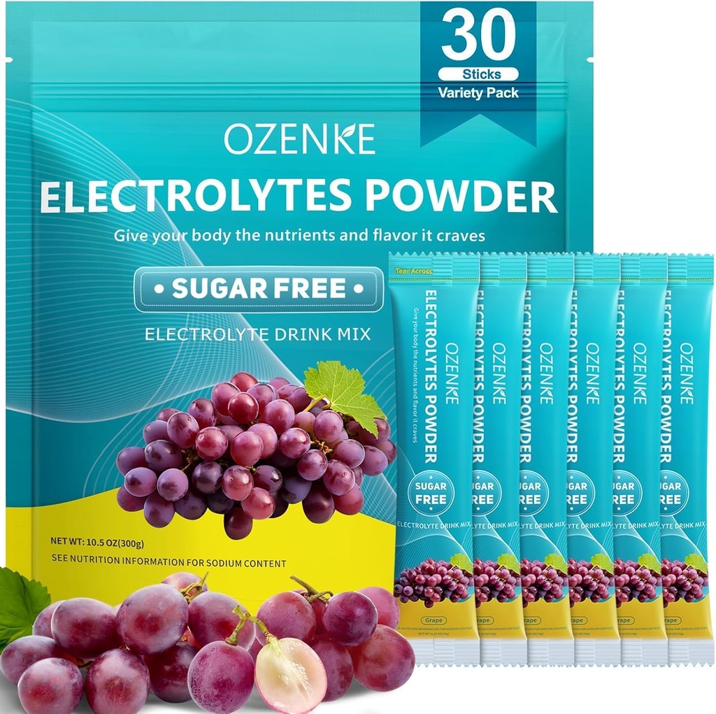 Elektrolyten Poeder Pakjes, 30 Sticks Hydration Packets Suikervrij, Electrolyte Drink Mix Portable Electrolyte Packets voor snelle hydratatie, 0 Suiker & 0 Calorie, Druivensmaak