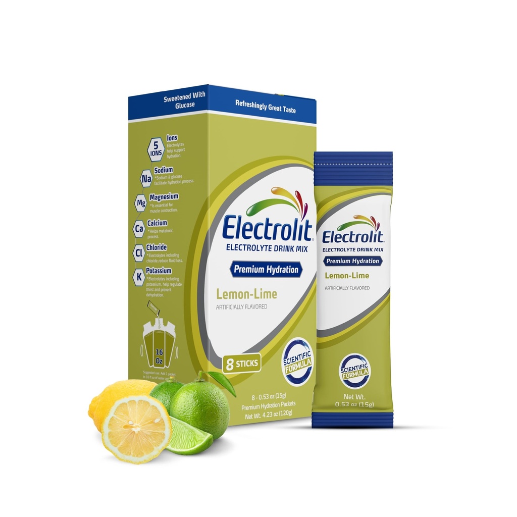 Electrolit Electrolytes Powder Packets, Lemon Lime 8 Pack, Powdered Hydration Packets for Dehydration & Rehydration, Post Workout Flavored Hydrating Drink Mix, Gluten Free Daily Water Enhancer Sticks