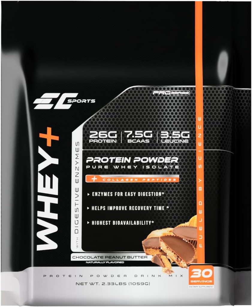 EC Sports Whey+ poudre de protéines, mélange de beurre d'arachide au chocolat avec/enzymes digestives - supplément isolat, peptides de collagène avec/réforme rapide - 30 portions