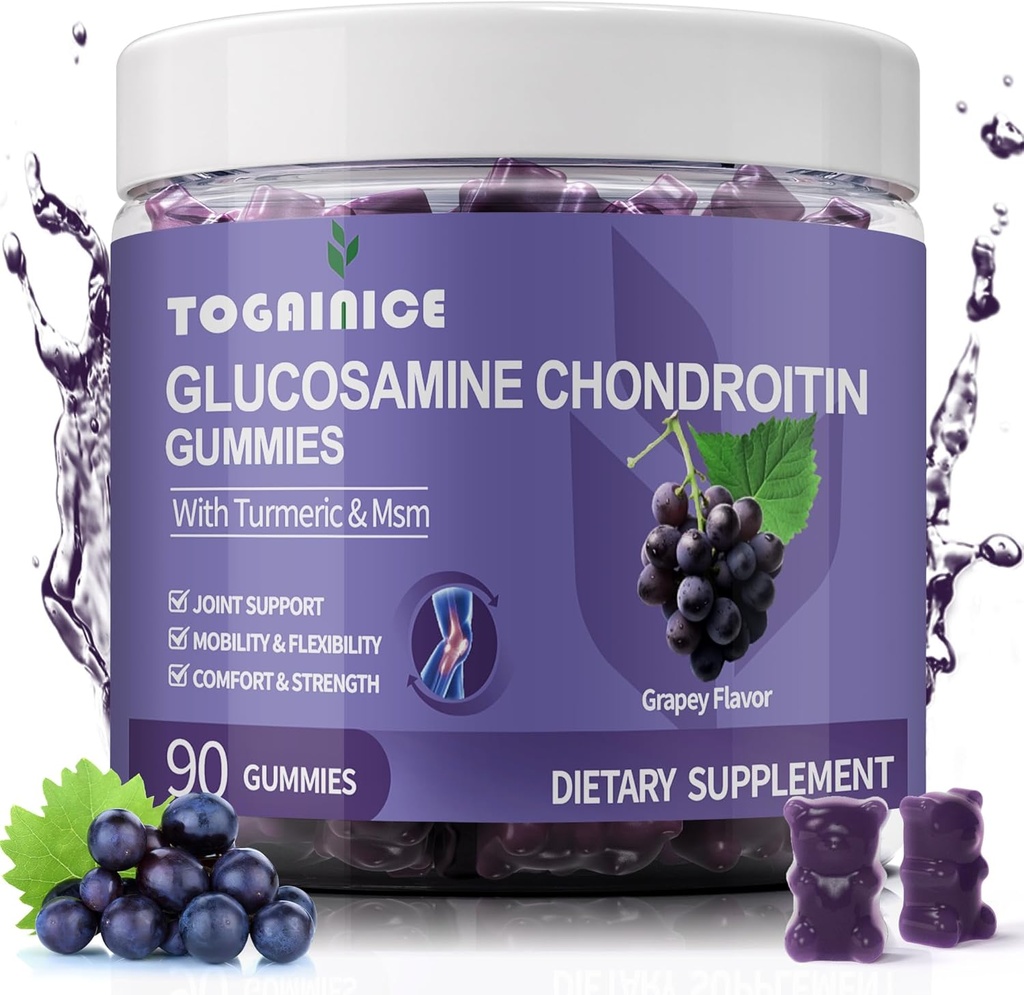 Glucosamine Chondroitin Gummies Sugar Free,Extra sterkte 1500mg Glucosamine met MSM & Kurkuma, gezamenlijke ondersteuning Gummies Supplementen voor mannen en vrouwen,voor gezamenlijke flexibiliteit & Bone Health, 90 Tel V01