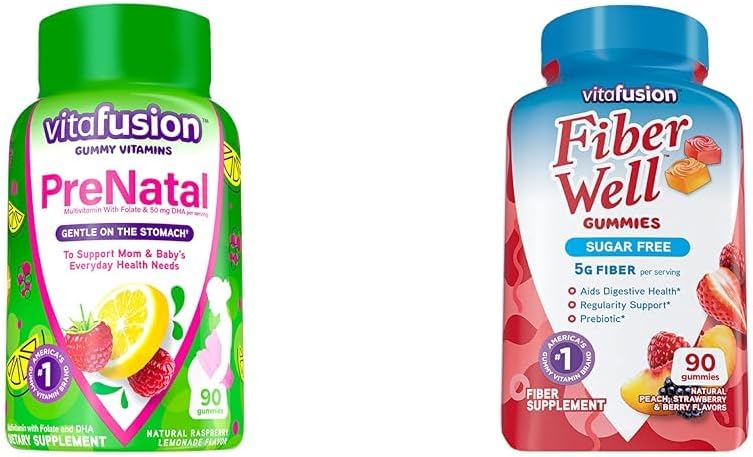 Vitafusie PreNatal Gummy Vitaminen, Raspberry Limonade Gearomatiseerd, Zwangerschap Vitaminen voor vrouwen & vezel goed Suiker Gratis Fiber Supplement, Perzik, Aardbei en BlackBerry smaak
