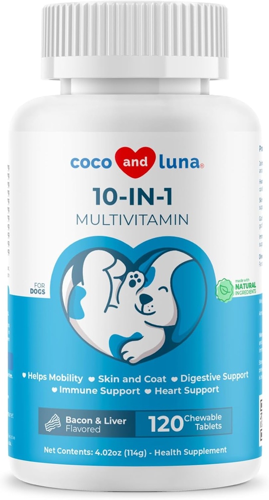10 in 1 Multivitamine voor honden - 120 Kauwtabletten met Glucosamine en Chondroïtine - Visolie en vitamines met Coq10 voor huid- en hartgezondheid, darm- en immuunsysteemondersteuning