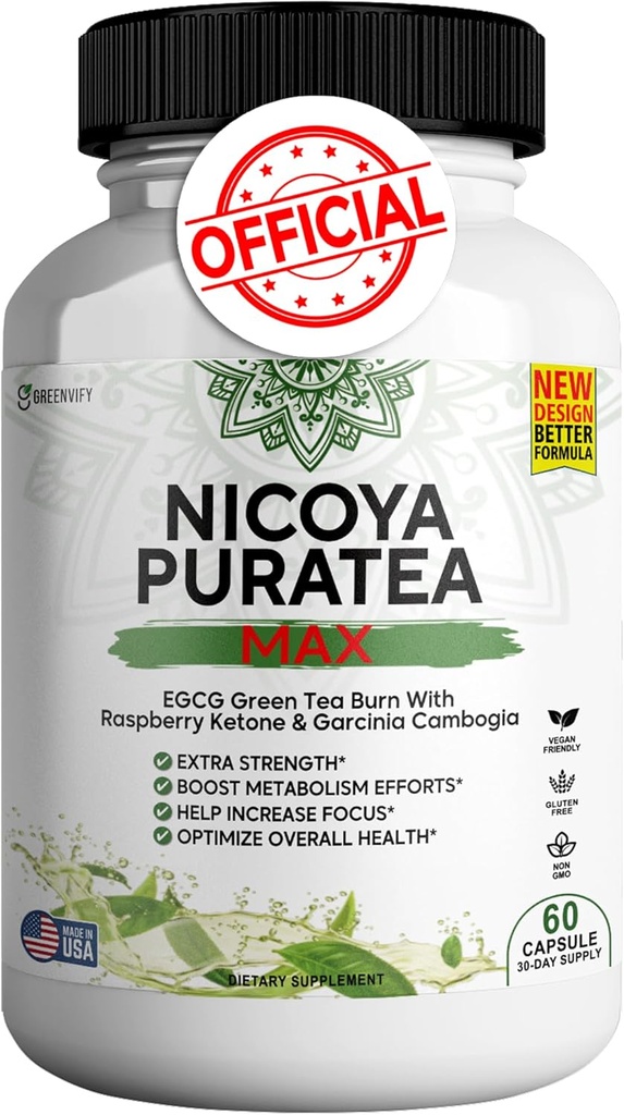 Nicoya PuraTea Max Green Tea Extract & Green Coffee Bean voor voedingsondersteuning, natuurlijke energie Boost, antioxidant-rijk supplement 60 capsules