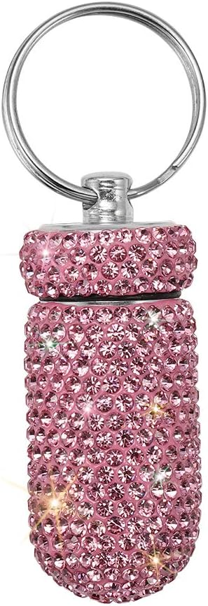 Portable Pill Case Container Pill Waterproof Pill Holder avec porte-clés Bling Pill Box Medicine Dispenser de stockage de bouteilles pour les voyages en camping en plein air (Pink)