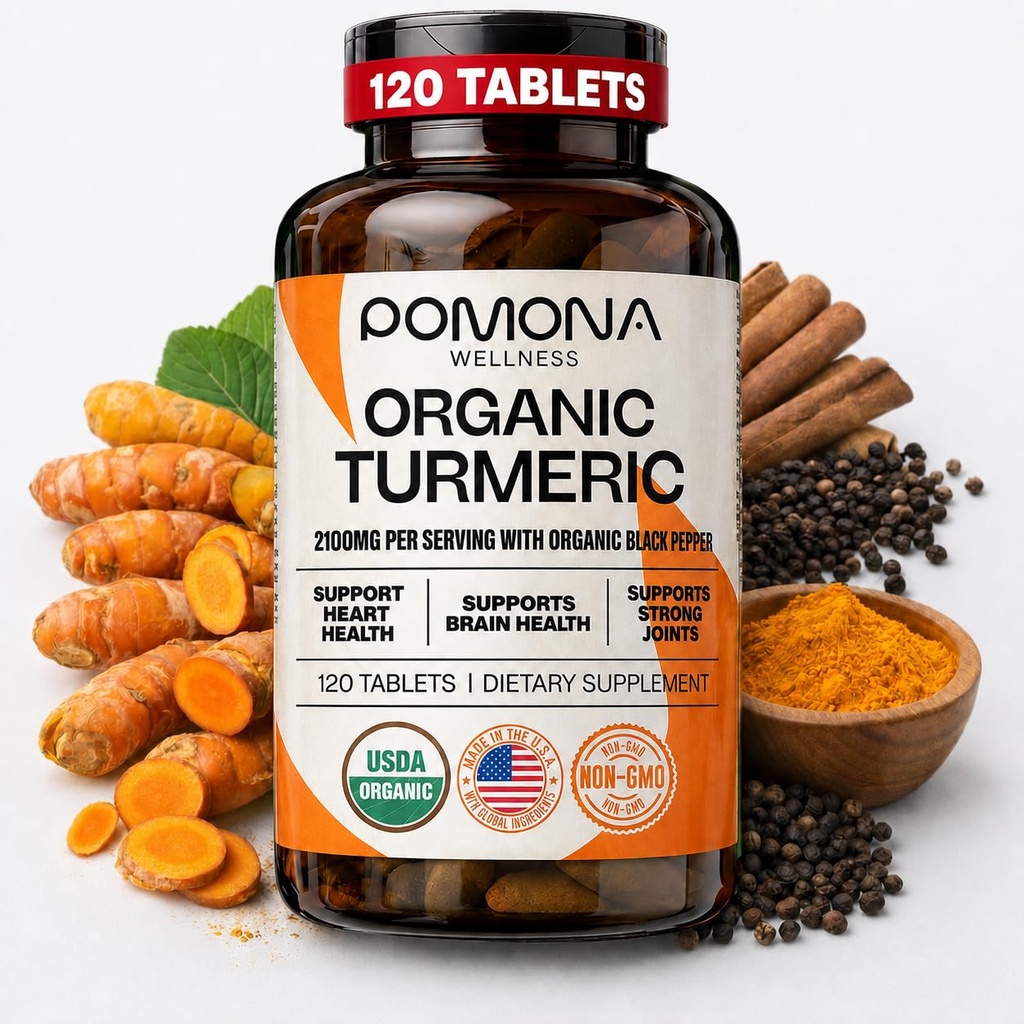 Pomona Wellness Biologische Kurkuma Supplement 2100 mg, USDA Biologische, Niet-GMO, Veganistisch, Kurkuma met zwarte peper voor absorptie, voor gezamenlijke ondersteuning en immuniteit, 120 tabletten