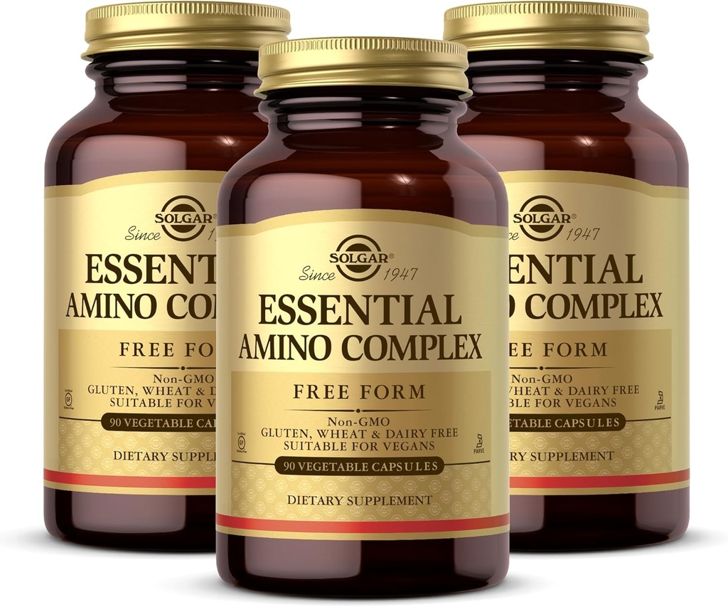 Solgar Essential Amino Complex, 90 plantaardige capsules (verpakking van 3) - Vrije vorm Essentiële Aminozuren - Non-GMO, Veganistisch, Glutenvrij, Zuivelvrij, Kosher - 270 Totaal porties
