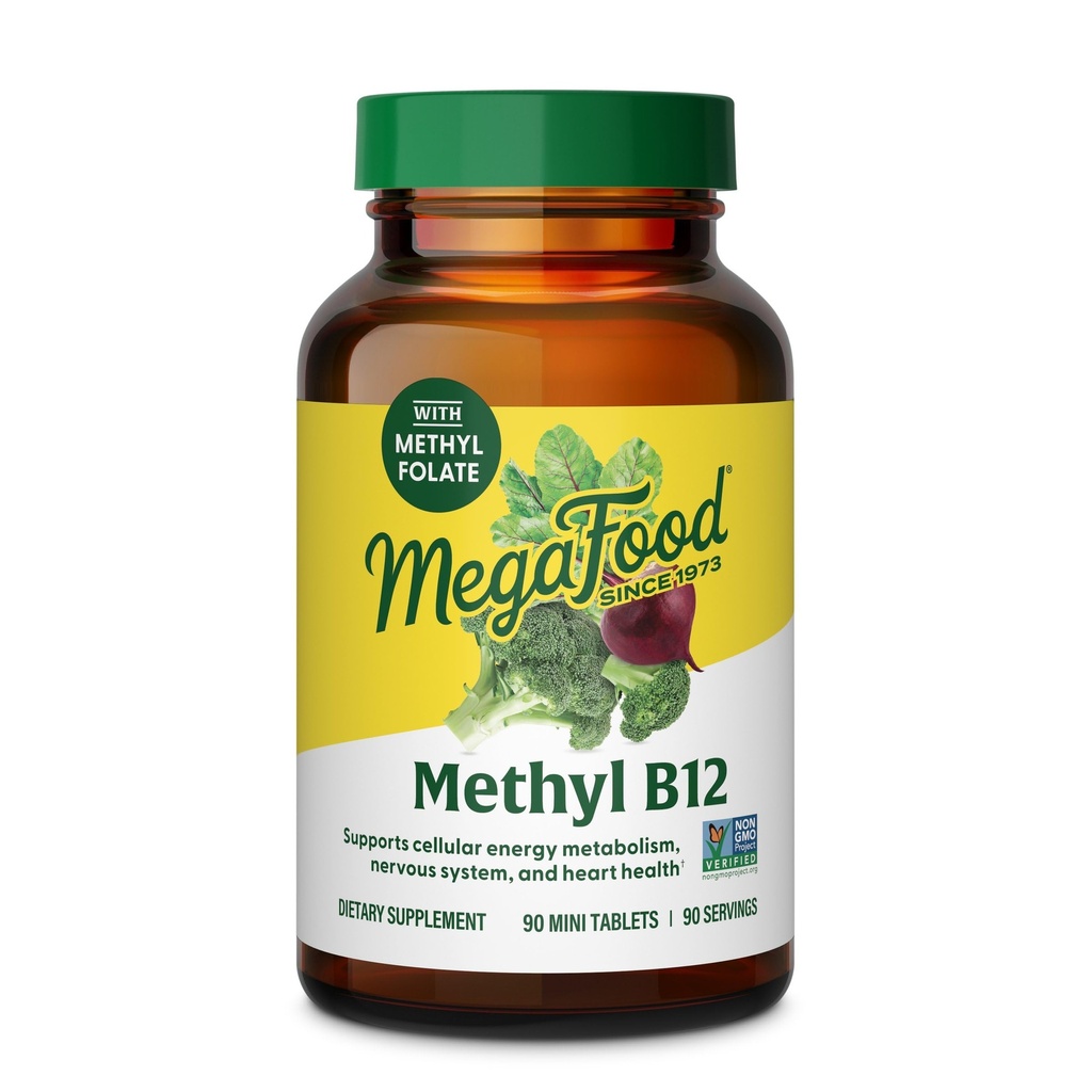 Megafood Méthyl B12 - Vegan - Comprend le folate de méthyle, la vitamine B12 et B6 - soutient la production d'énergie cellulaire, le système nerveux santé et la fonction cardiovasculaire - 90 comprimés
