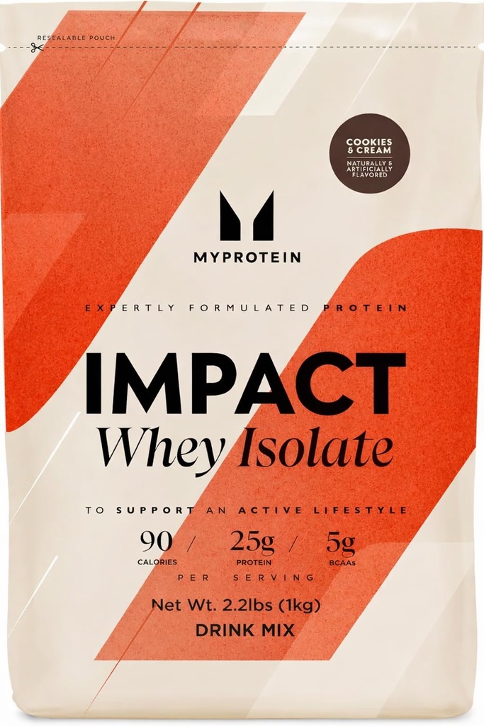 Myprotein Impact Whey Protein Isolaat, 2,2 Lbs (40 Servings) Cookies & Cream, 19g Proteïne, 3,5g Glutamine & 4,5g BCAA per Serving, Protein Shake for Muscle Strength & Recovery