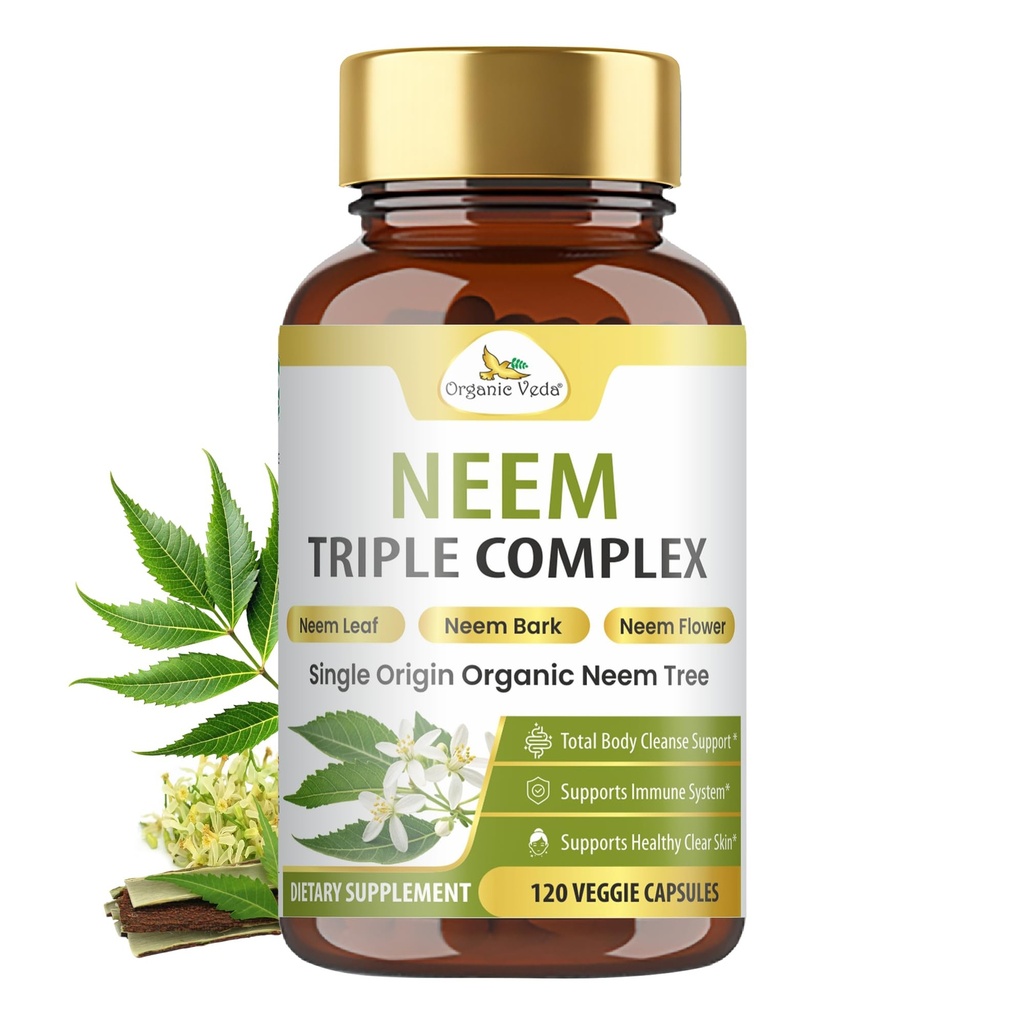 Biologische Veda Neem Capsules met Triple Complex Neem Leaf Extract, Bast & Flower - Kruidensupplement Boost Immuniteit, Verbetert spijsvertering, Huidgezondheid en Ondersteuning Reiniging - 120 Tel.