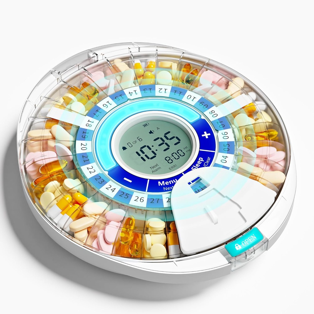 Distributeur de pilules automatique amélioré pour les personnes âgées avec alarme, distributeur de pilules intelligent avec 28-Slot, Mix-Proof Tech & XL LCD, Durabilité améliorée pour la prise en charge médicale quotidienne