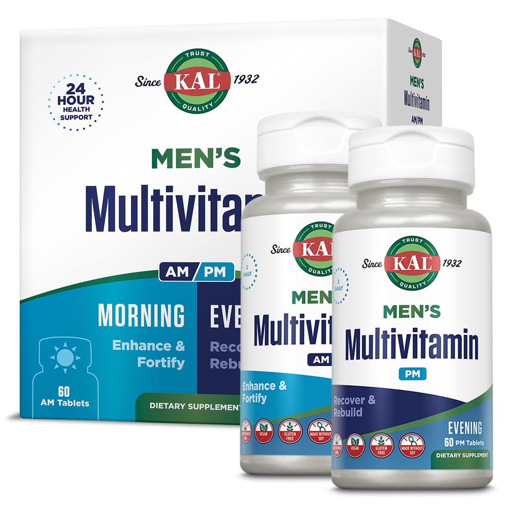 KAL Mannen Multivitamine AM/PM, Antioxidanten Supplement, Spier, Immuun, Elektrolyt Balance, Totale Wellness Ondersteuning, Gemaakt zonder GGO's en soja, Veganist, 30 porties, 120 tabletten