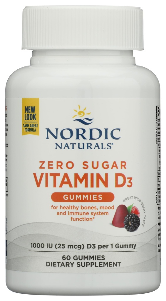 Nordic Naturals Zero Sugar Vitamin D3 Gummies, Wild Berry - 60 Gummies - 1000 IE Vitamine D3 - Great Taste - Healthy Bones, Mood & Immuun System Function - Non-GMO - 60 Servings