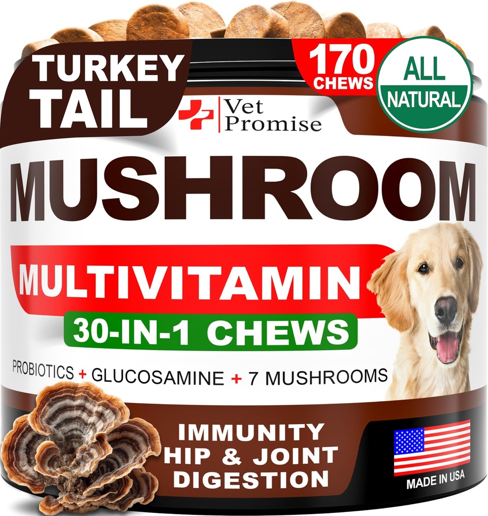 Paddestoelen voor honden - 170 Kauwen - Turkije Staart - Paddestoelensupplement voor honden - Lions Mane - Reishi - Immunity Support Multivitamine Vitaminen - Gezamenlijke Gezondheid - Energie - Gut - Huid - Made in USA