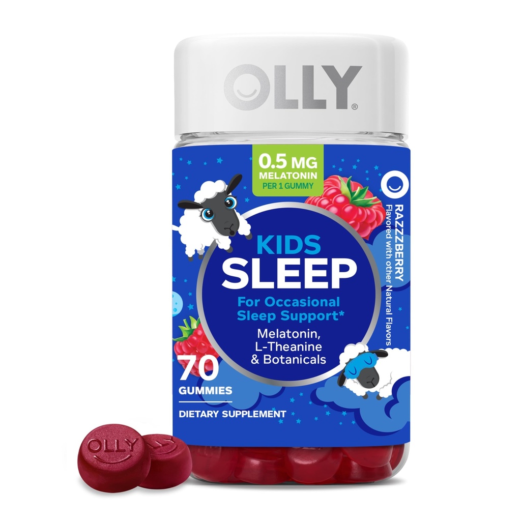 OLLY Kids Slaap Gummies, 0,5mg Melatonine, L Theanine, Kamille, en Citroen Balm, Raspberry - 70 Tellen