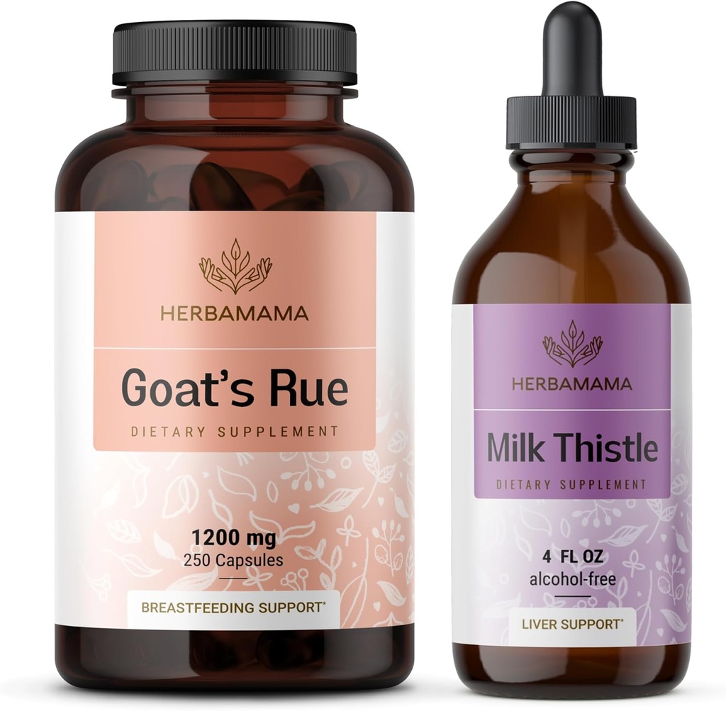 HERBAMAMA Goat's Rue and Milk Thistle Kit - bundel van 1200 mg Geit's Rue Capsules & Milk Thistle Liver Detox Drops 4 fl oz - Vegan, Non-GMO, Sugar & Alcohol-Free - 2 Pack