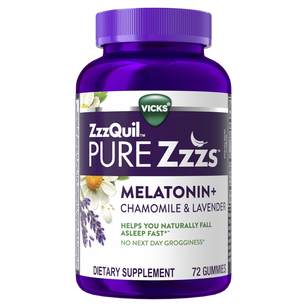 ZzzQuil PURE Zzzs Melatonine Gummies, Slaaphulp, Melatonine 2mg, met kamille & Lavendel, Melatonine Slaap Gummies, Slaapmiddelen voor volwassenen, Wildberry Vanilla Flavored, 72 Slaap Gummies