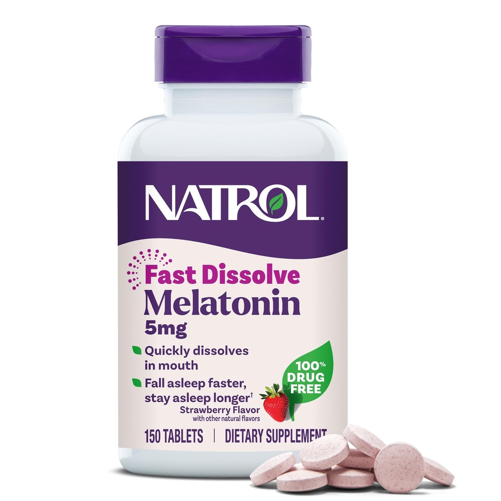 Natrol Melatonine 5mg snel oplossen tabletten, slaapondersteuning supplementen voor volwassenen, aardbeien smaak, 150 tabletten, tot 150 dagen levering