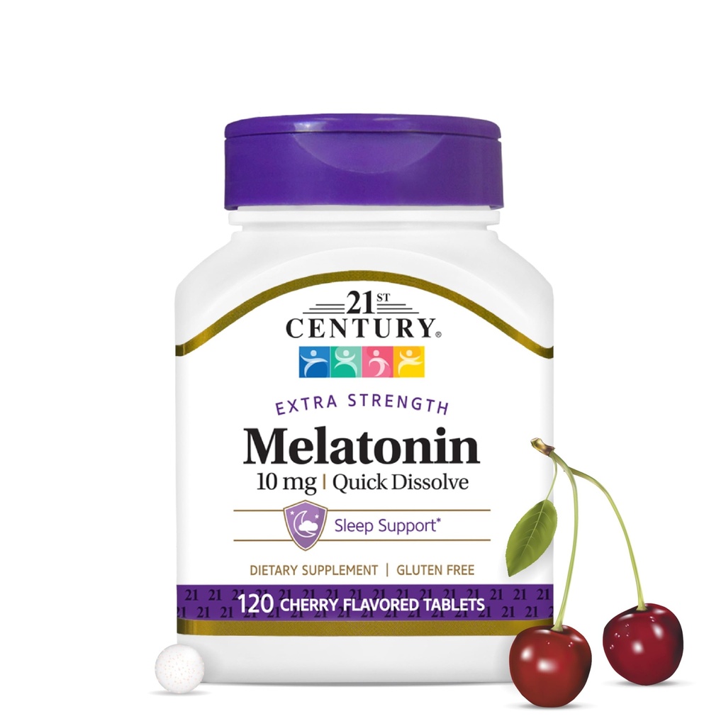 21e eeuw Melatonine 10mg extra sterkte, 120 Tel, snel oplossen slaaphulp voor volwassenen, bevordert ontspanning en rustgevende slaap, non-habit vormen, glutenvrije, kersen smaak