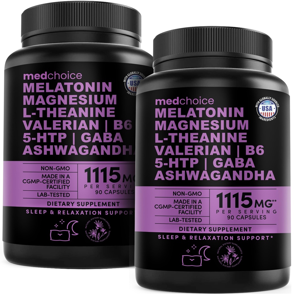 12-in-1 Melatonine slaapcapsules - Natuurlijke slaapmiddelen voor volwassenen met Melatonine 5 mg en Magnesium Glycinate 500 mg, slaaphulp met Ashwagandha, L Theanine, Valeriaan wortel, GABA, 5-HTP (90ct, Pack of 2)