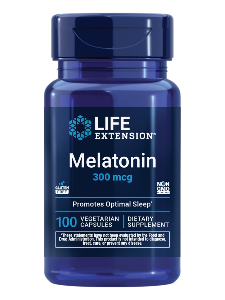 Prolongation de vie Melatonine, 300 mcg, Soutien doux pour le sommeil, Rythmes circadiens sains, Défense cellulaire, Sans gluten, Non-OGM, Végétarien, 100 Capsules