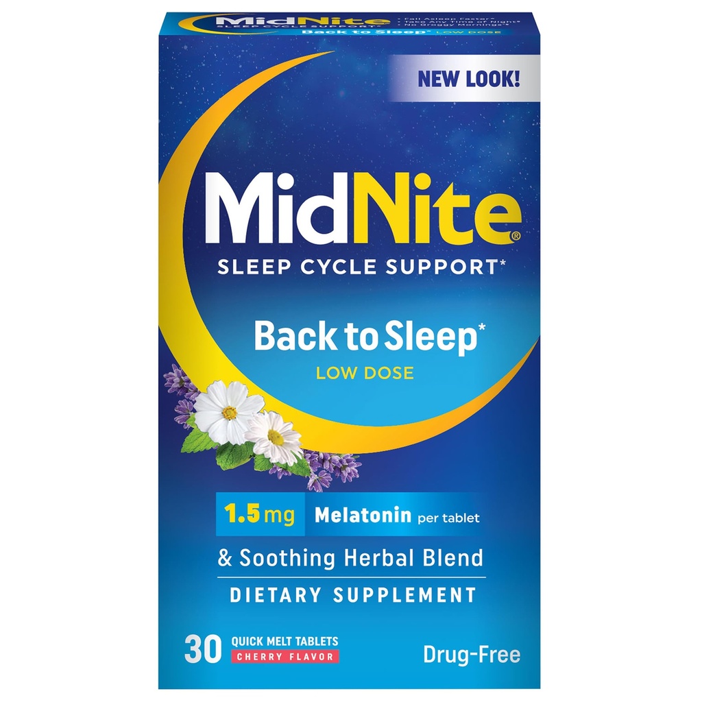 MidNite Terug naar Slaap Lage Dosis, 1,5 mg Melatonine Slaaphulp, Niet-Habit Vorming, Kruidendieet Supplement voor Volwassenen, Drugvrij, Glutenvrij, Lactosevrij, Vegetarisch, Veganistisch, 30 Quick Melt Tablets