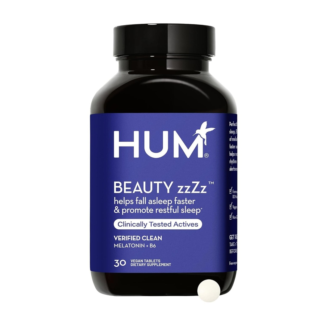 HUM Beauty zzZz Melatonin Supplément de sommeil pour adultes avec la mélatonine 3mg, vitamine B6 et calcium, végétalien, sans gluten, non OGM comprimés de soutien du sommeil pour adultes et repos de beauté, 30 comprimés végétaliens