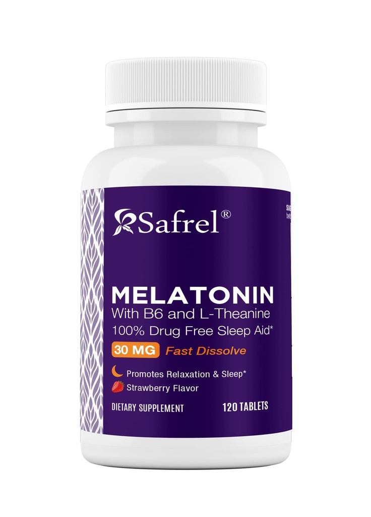 Safrel Melatonine 30 mg - met B6 & L-Theanine - 120 Fast Solution Tablets with Natural Berry Flavor (2 Tablets Dose = Melatonine 60 mg) (120 Count (Pack of 1))