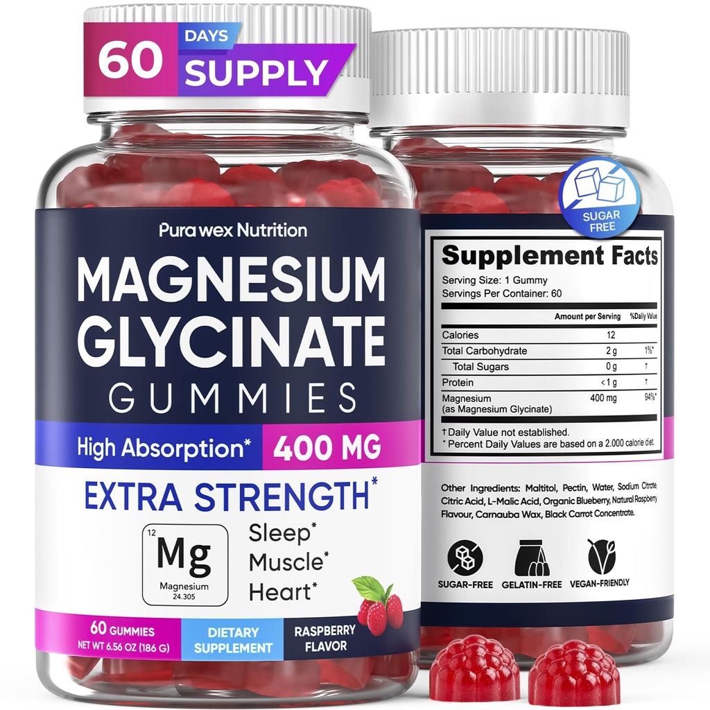Magnesium Glycinate 400mg Gummies - Relax & Sleep, Men & Women, Raspberry