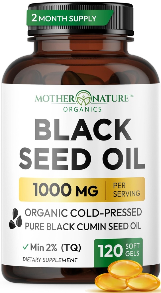 Black Seed Oil Capsules 1000mg, Organic Cold Pressed Black Cumin, High TQ, Immune & Joint Support, 120 Telling (2 maand aanbod)