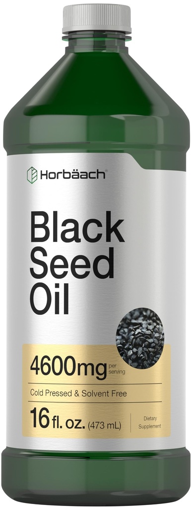 Horbäach huile de graines noires liquide de 16oz, 4600mg, supplément de Nigella Sativa pressé à froid avec Omega 6 et 9.