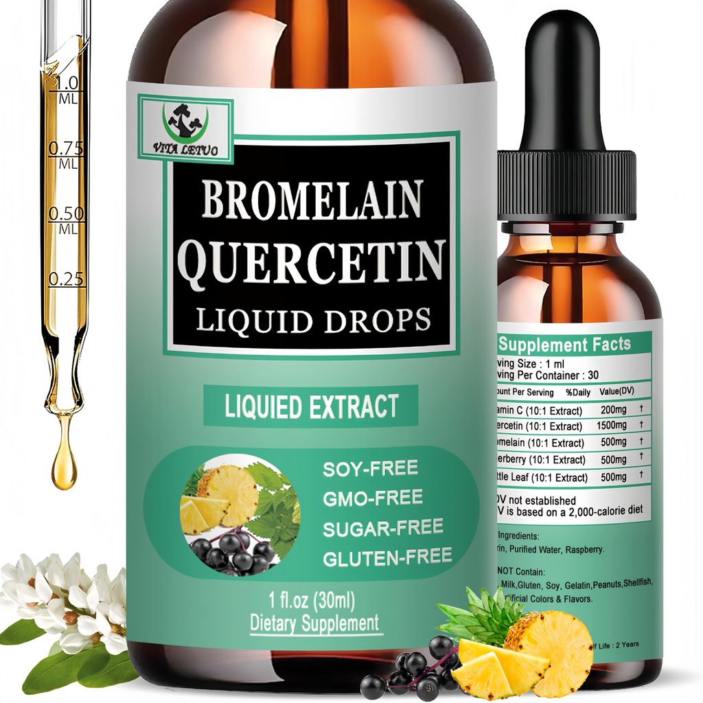 Quercetin Liquid Drops, Quercetin met Bromelain Elderberry Nettle Leaf Vitamine C Liquid Supplementen, Hoge Absorptie Quercetine Liquid Drops voor Vrouwen Mannen, Gezonde Immune Antioxidant Ondersteuning, Non-GMO