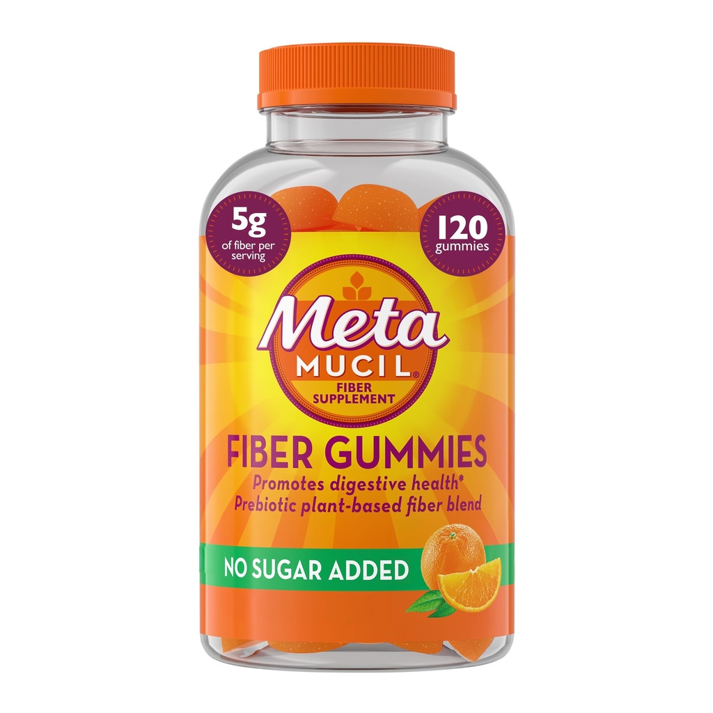 Metamucil vezel Gummies voor volwassenen, Geen suiker toegevoegd oranje smaak, 5g Prebiotic Plant Based Fiber Supplement Blend, 120 Tellen