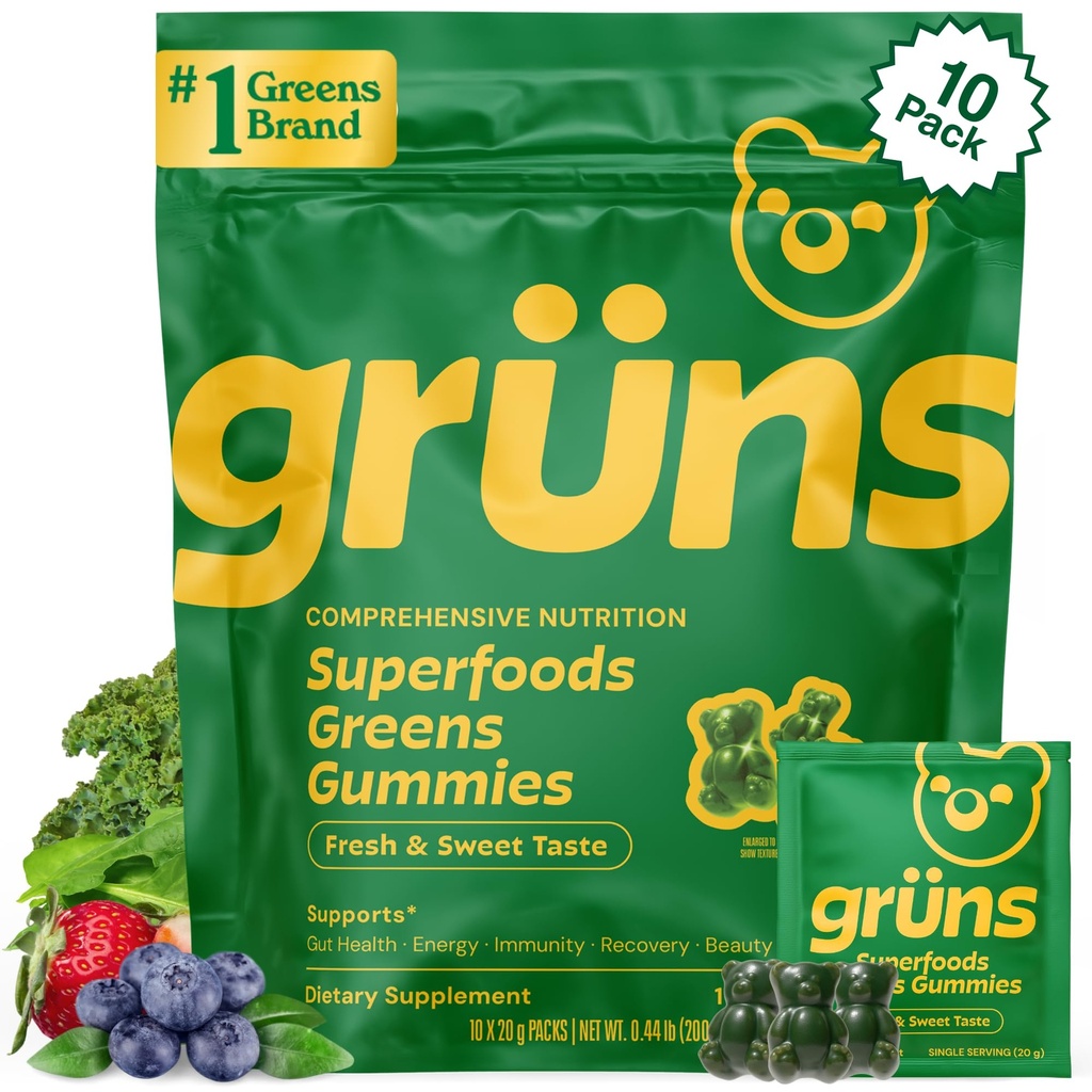 Gruns Adultes Super Verts Gommies, Multivitamine Superfood Ours Gommy, Spiruline, Chlorella, Prébiotiques et Gommies Fibres pour la santé digestive, Supplément Adaptogène, 20 Vitamines et Minéraux, 10 Compte