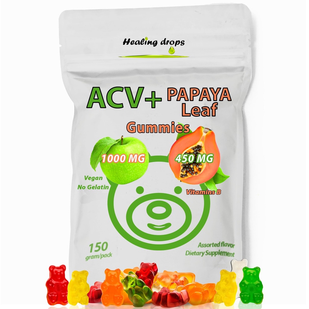 Gommies de vinaigre de cidre de pomme et Gommies d'extraits de feuilles de papaye - Supplément de vinaigre de cidre de pomme de qualité supérieure - Iodine infusée et vitamines B6 B12 – Plaquettes Peau et cœur amical (1, régulier)