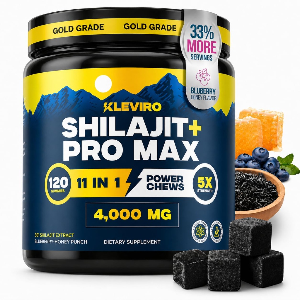 KLEVIRO 30:1 Gummies de Shilajit pour les hommes 78% Acid Fulvic de complexe 11-en-1 avec Ashwagandha, Tongkat Ali, Manuka Honey, Rhodiola, Lion's Mane.