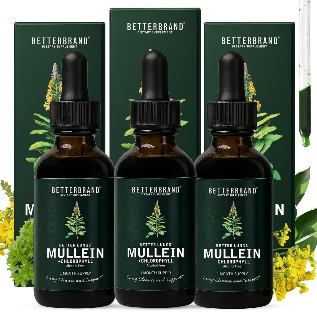 Betterbrand Mullein Lung Detox Drops (3-Pack), 60ml Mullein Leaf Tinctuur met Chlorofyl voor Respiratory Health Support - Alcoholvrije - 3 maand levering