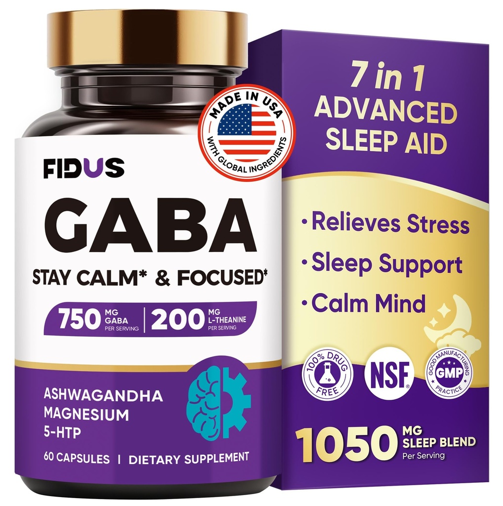 GABA L-Theanine Ashwagandha - 1050mg Mélange - Fabriqué aux États-Unis - Aide avancée au sommeil et au calme- Magnésium, 5-HTP, vitamine B6 et B12, supplément GABA (acide aminobutyrique) - sans mélatonine et non-habiting