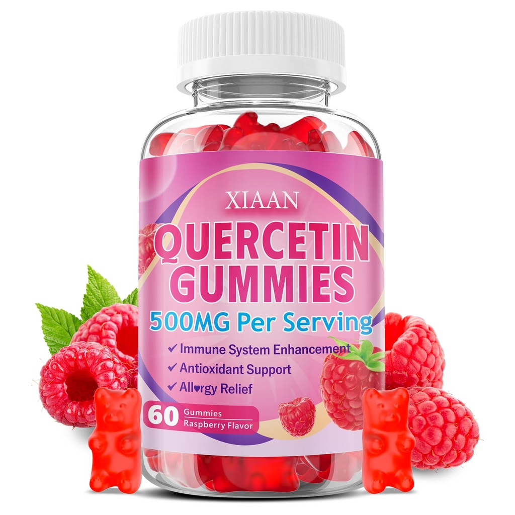 Quercetine Gummies 500 mg voor kinderen & volwassenen, Organische Quercetine Supplementen met bromelaïne Zink Vitamine C en D3 Ondersteuning Antioxidant & Immuun System Health, Raspberry Flavor 60 Tel.