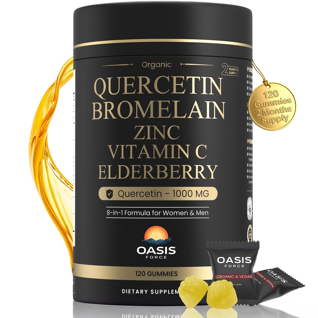 8-en-1 Quercetine avec Gommies de Bromelain 1000mg, supplément de Quercetine biologique à haute puissance avec Zinc et vitamine C, Elderberry, Wellness saisonnier et soutien immunitaire, Vegan, sans sucre, 120 Gommies