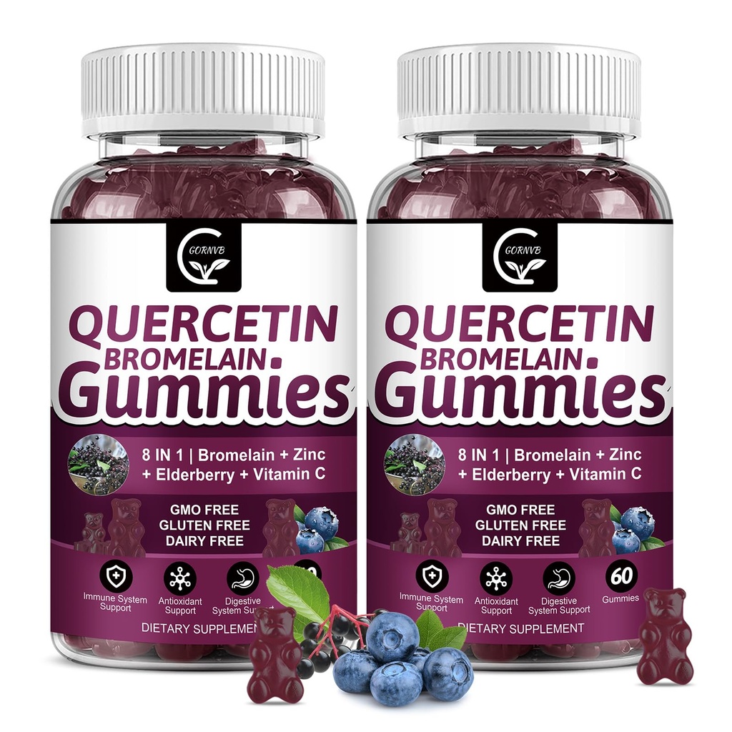 (2 Pack) Gummies Quercetin - Quercetin avec Bromelain 2378mg - Mélange avec Elderberry, Echinacea Purpurea Extrait, zinc, vitamine C,D3,K2, complexe soutient la fonction immunitaire, cardiovasculaire et respiratoire