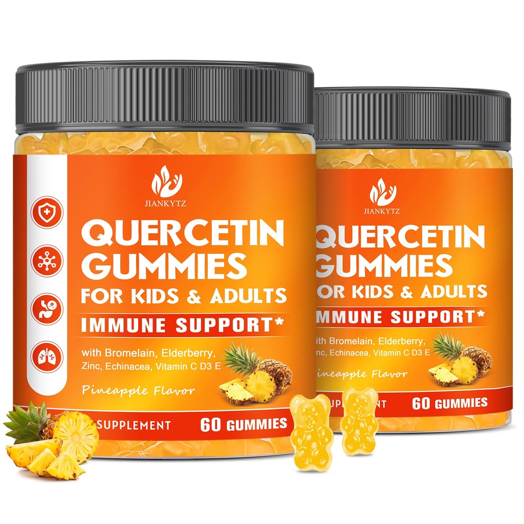 (2 verpakkingen) Suikervrije quercetine met bromelaïnegom voor kinderen en volwassenen - Immune, Antioxidant, Seizoensgebonden ondersteuning, 1000 mg quercetine supplementen met bromelaïne, zink, vlierbessen, vitamine C D3 E, 120 telling