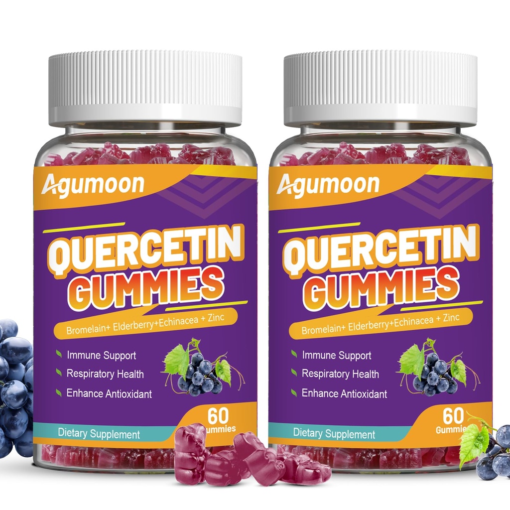 2 verpakkingen Quercetine Gummies, 1000 mg Quercetine met Bromelain Zink Vlierbes, Immune & Antioxidant Support, Vegan Gummies voor volwassenen en kinderen, 120 stuks