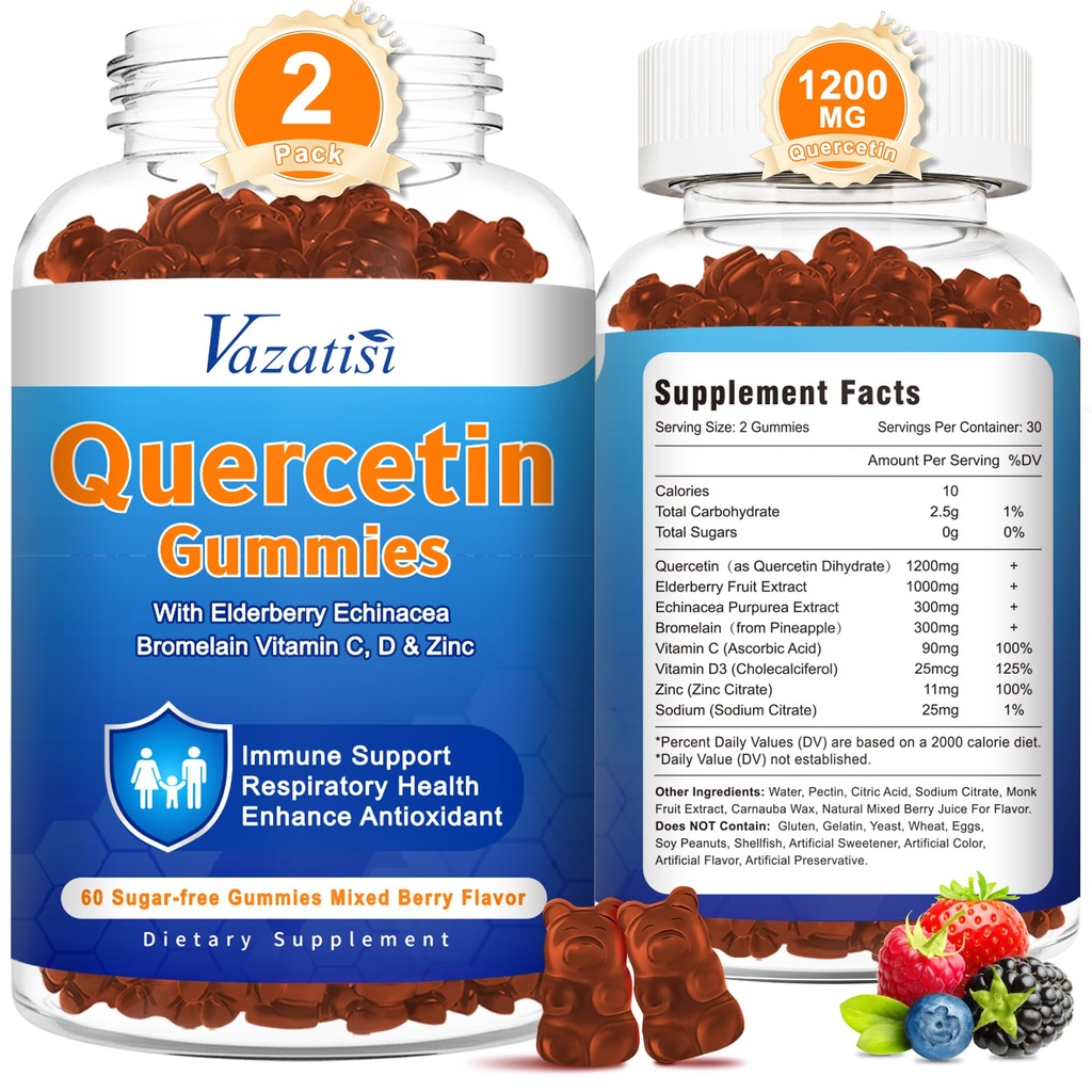2 Pack Quercetine met bromelaine-gummies, quercetine met vitamine C zink en vlierbessen voor immuunsysteem & Allergie, kauwbare en veganistische gummies, gemengde Berry Flavor 120 Cts