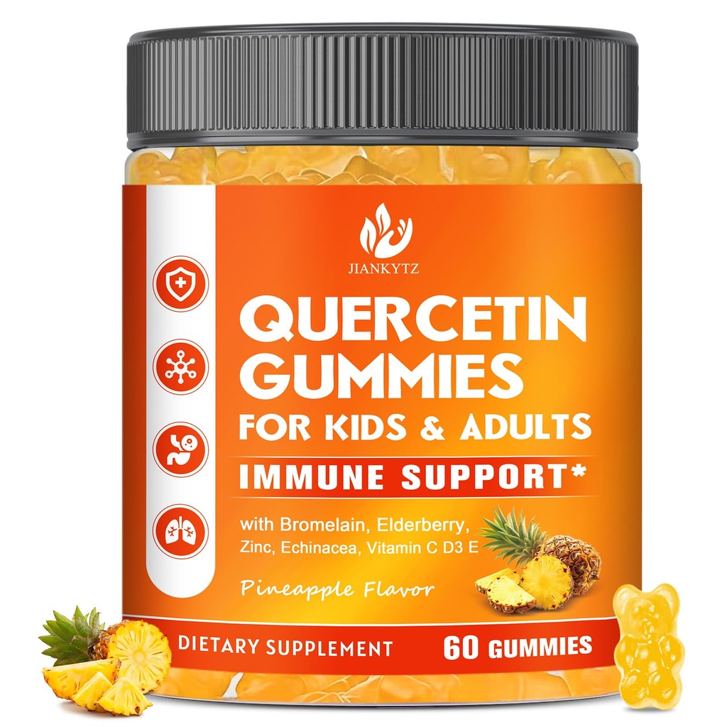 Suikervrije quercetine met bromelaine-gummies voor kinderen en volwassenen - Immune, Antioxidant, Seizoensgebonden ondersteuning, 1000mg quercetine supplementen met bromelaïne, zink, vlierbessen, vitamine C D3 E, veganist, 60 Tellen