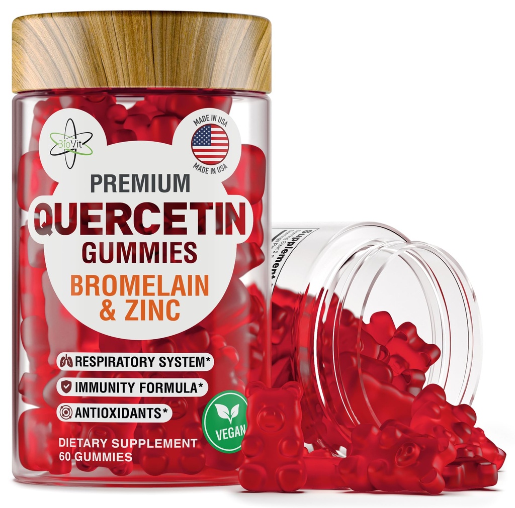 BioVit Quercetin Gummies 500MG - Activated Quercetin for Kids & Adults Immune System & Allergy - Chewable with Bromelain, Zinc, Vitamin C, Vitamin D3 - Made in USA - 60 Vegan Gummy Bears