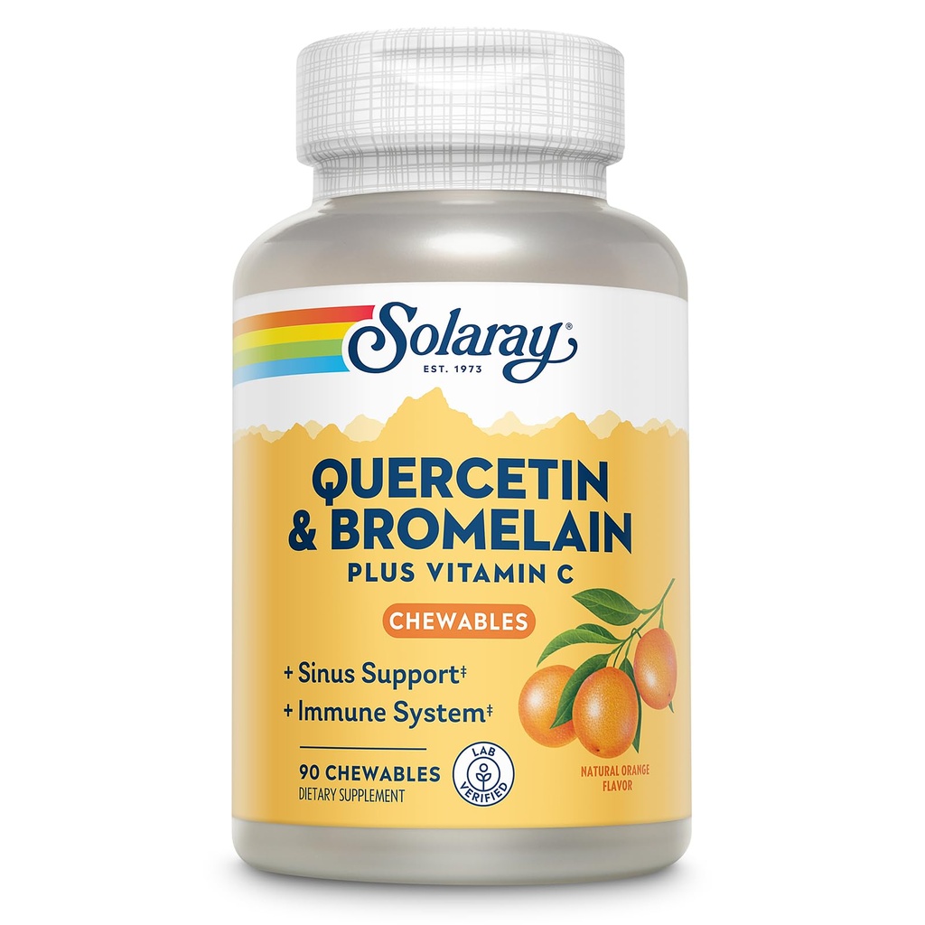 SOLARAY Quercetin avec Bromelain et Vitamine C Chewables - Supplément de soutien immunitaire - Complexe de défense immunitaire et de santé cardiaque avec 1250mg Vit C, Saveur Orange Naturel, Garantie 60 jours, 30 Serv, 90ct
